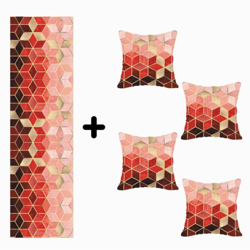 Mozaik Desenli Özel Tasarım Kırlent Kılıfı Ve Runner Seti 4lü