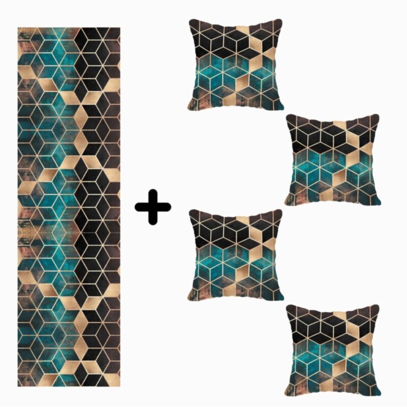 Mozaik Desenli Özel Tasarım Kırlent Kılıfı Ve Runner Seti 4lü