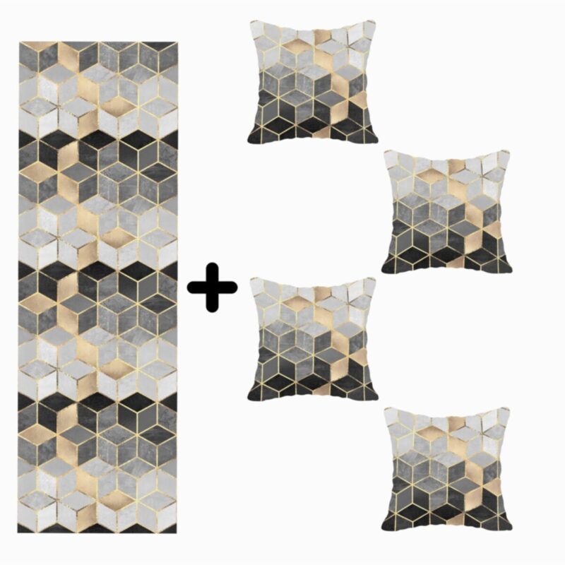 Mozaik Desenli Özel Tasarım Kırlent Kılıfı Ve Runner Seti 4lü