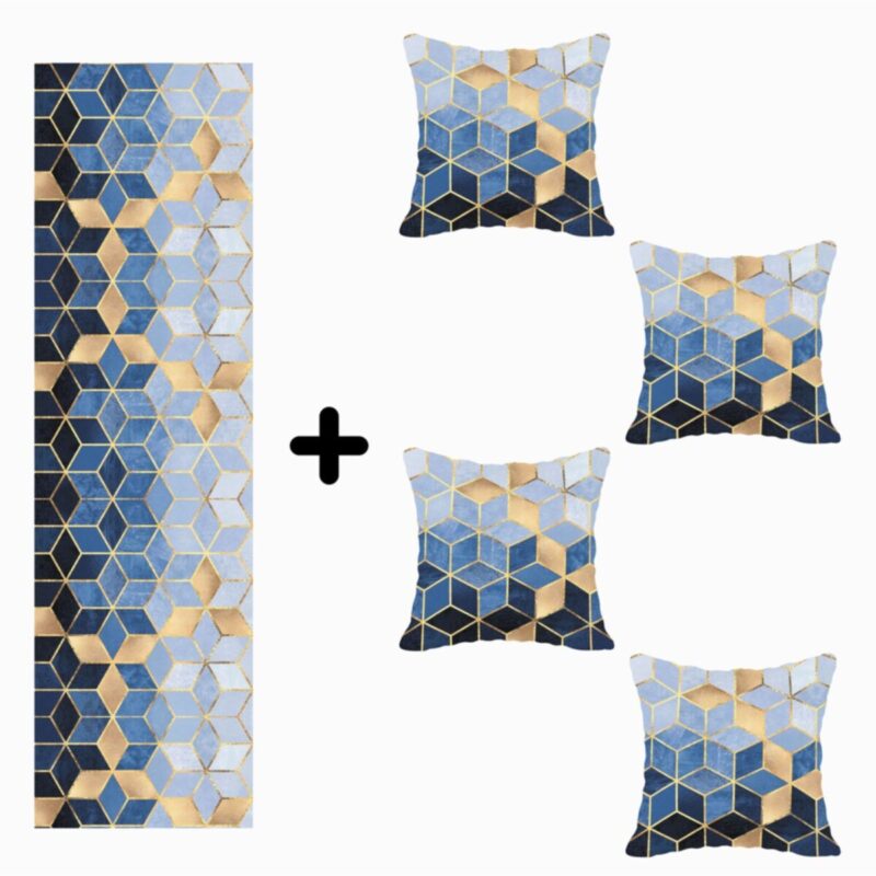 Mozaik Desenli Özel Tasarım Kırlent Kılıfı Ve Runner Seti 4lü