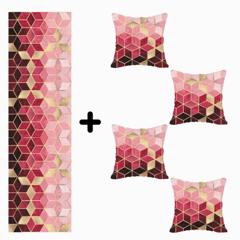 Mozaik Desenli Özel Tasarım Kırlent Kılıfı Ve Runner Seti 4lü