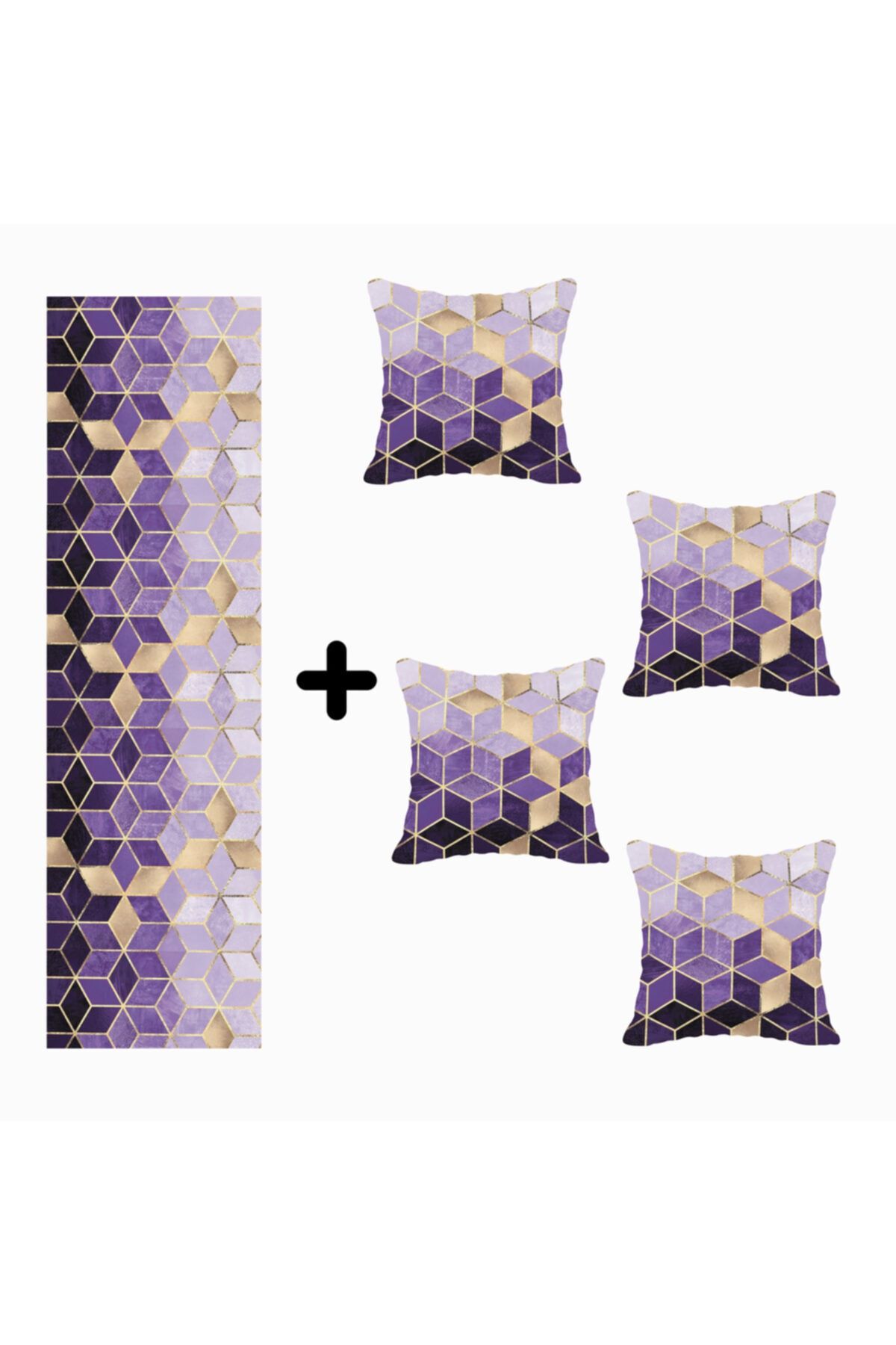 Mozaik Desenli Özel Tasarım Kırlent Kılıfı Ve Runner Seti 4lü