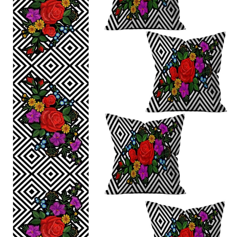 5 Parça Özel Tasarım Çift Taraf Baskılı Kırlent Kılıfı Ve Runner Seti