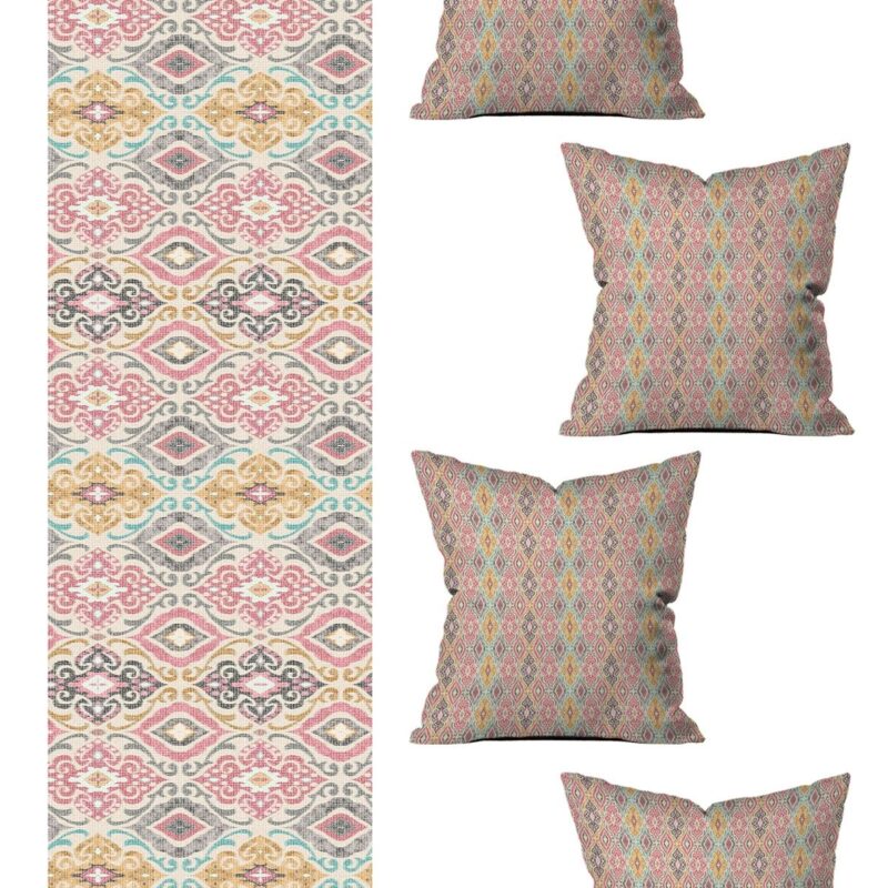 5 Parça Özel Tasarım Çift Taraf Baskılı Kırlent Kılıfı Ve Runner Seti