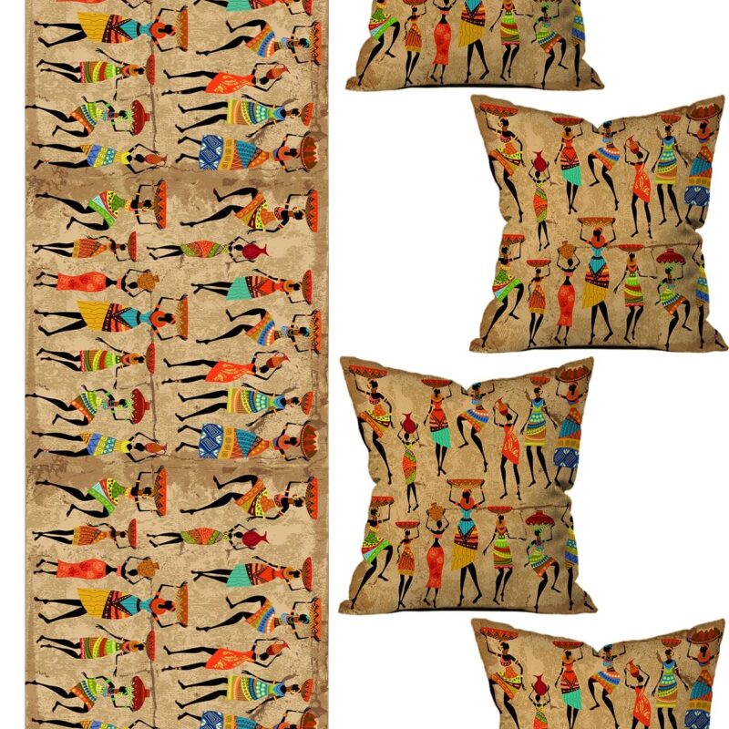 5 Parça Özel Tasarım Çift Taraf Baskılı Kırlent Kılıfı Ve Runner Seti