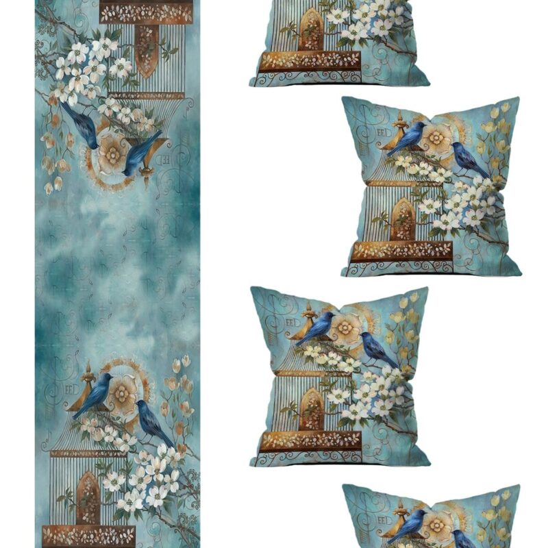 5 Parça Özel Tasarım Çift Taraf Baskılı Kırlent Kılıfı Ve Runner Seti