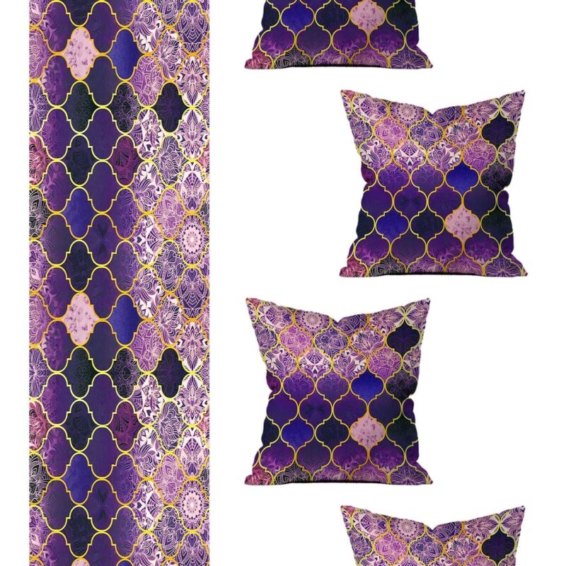 5 Parça Özel Tasarım Çift Taraf Baskılı Kırlent Kılıfı Ve Runner Seti