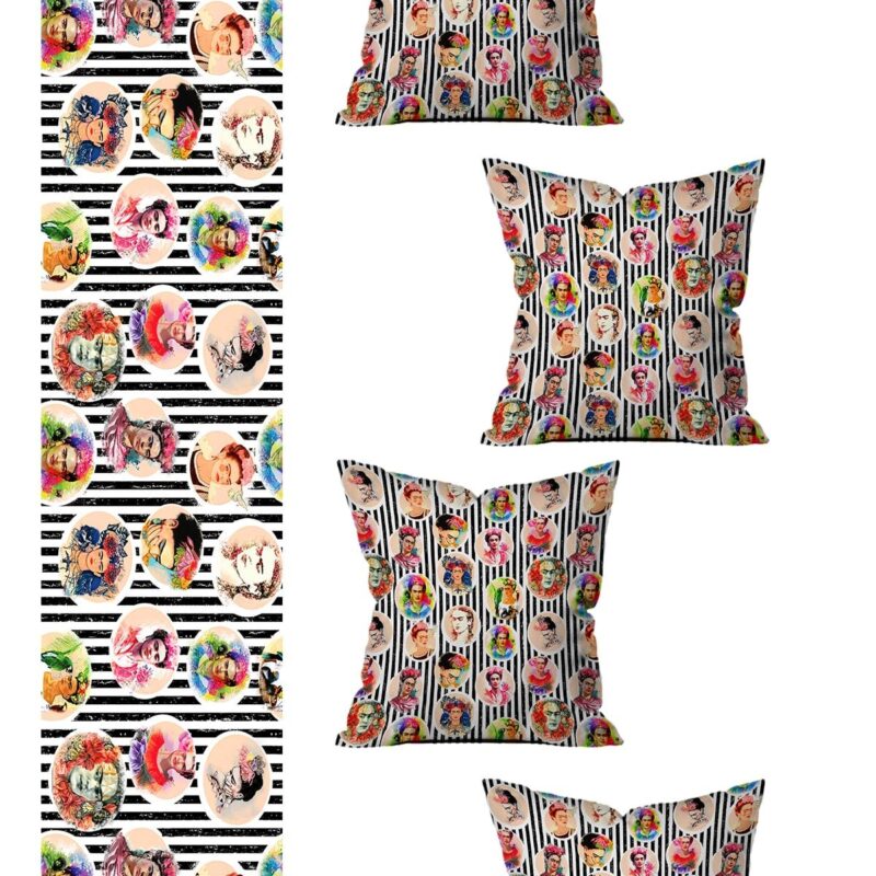 5 Parça Özel Tasarım Çift Taraf Baskılı Kırlent Kılıfı Ve Runner Seti