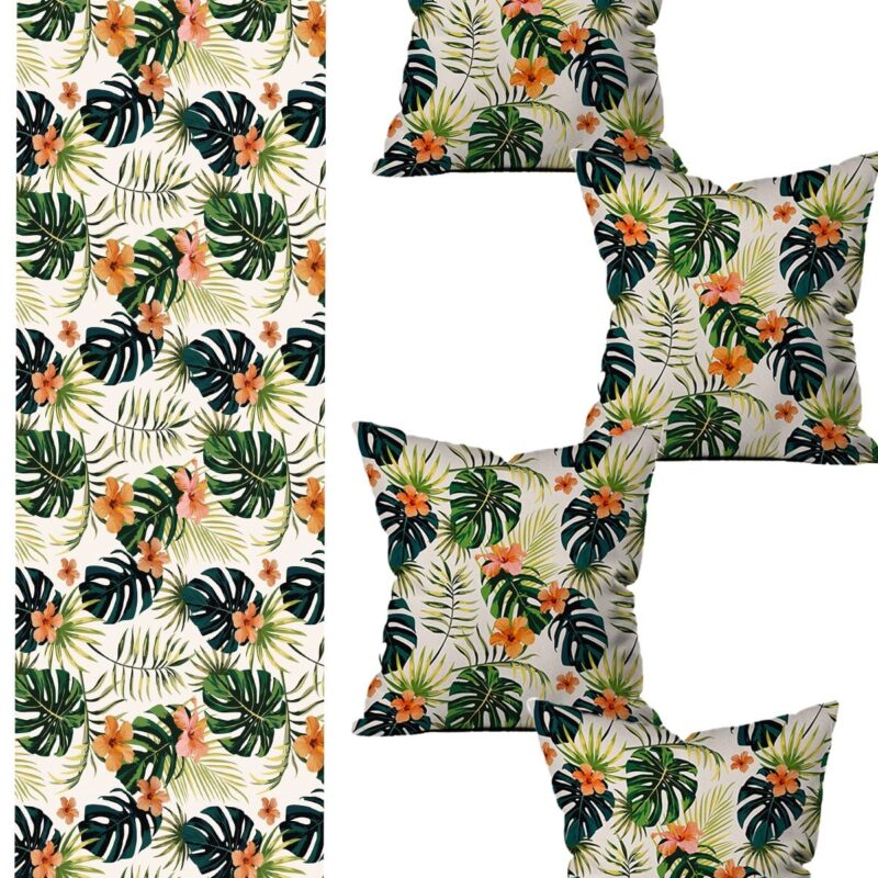 5 Parça Özel Tasarım Çift Taraf Baskılı Kırlent Kılıfı Ve Runner Seti