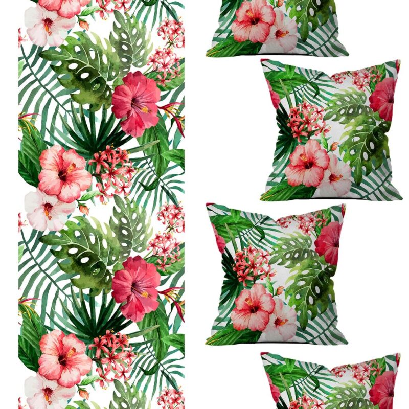 5 Parça Özel Tasarım Çift Taraf Baskılı Kırlent Kılıfı Ve Runner Seti