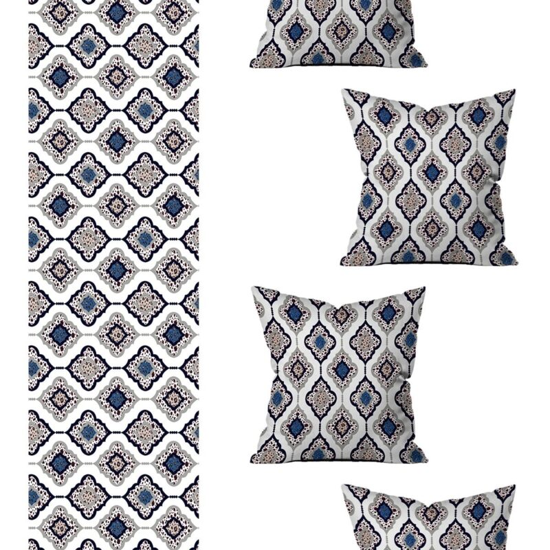 5 Parça Özel Tasarım Çift Taraf Baskılı Kırlent Kılıfı Ve Runner Seti