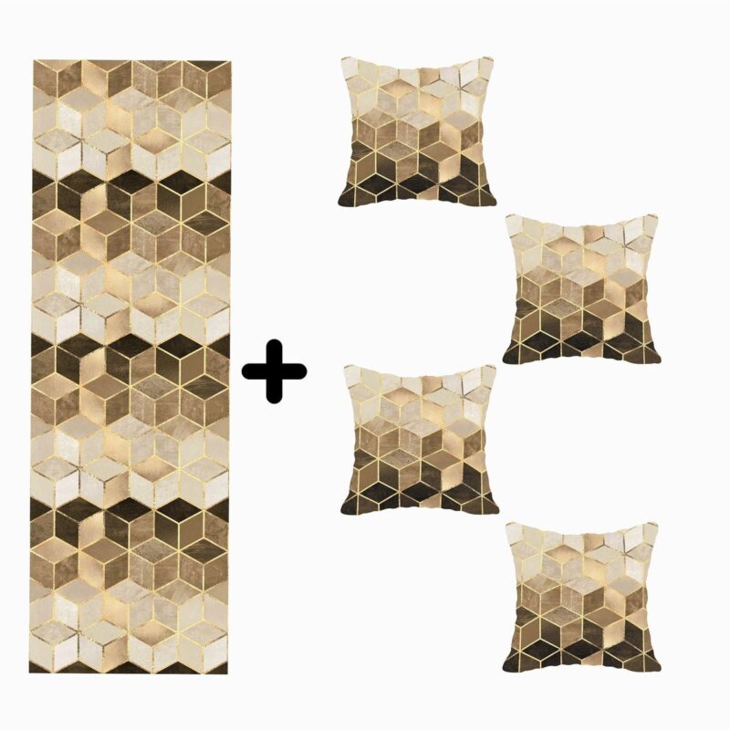 Mozaik Desenli Özel Tasarım Kırlent Kılıfı Ve Runner Seti 4lü