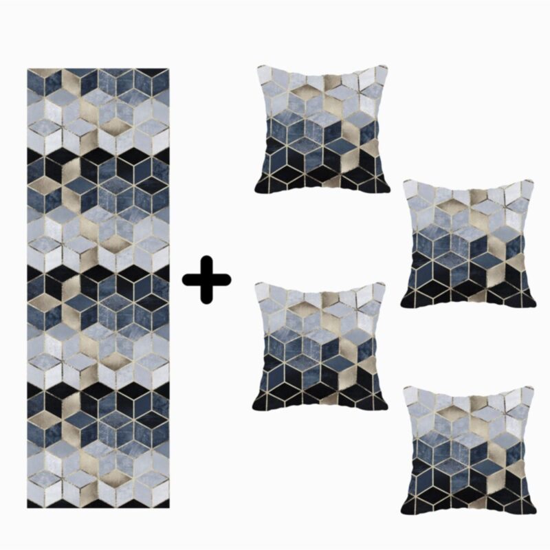 Mozaik Desenli Özel Tasarım Kırlent Kılıfı Ve Runner Seti 4lü