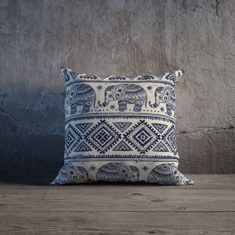 Etnik Fil Desenli Özel Tasarım Çift Taraflı Baskılı Kırlent Kılıfı