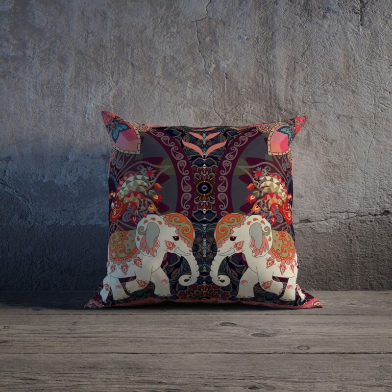 Etnik Fil Desenli Özel Tasarım Çift Taraflı Baskılı Kırlent Kılıfı