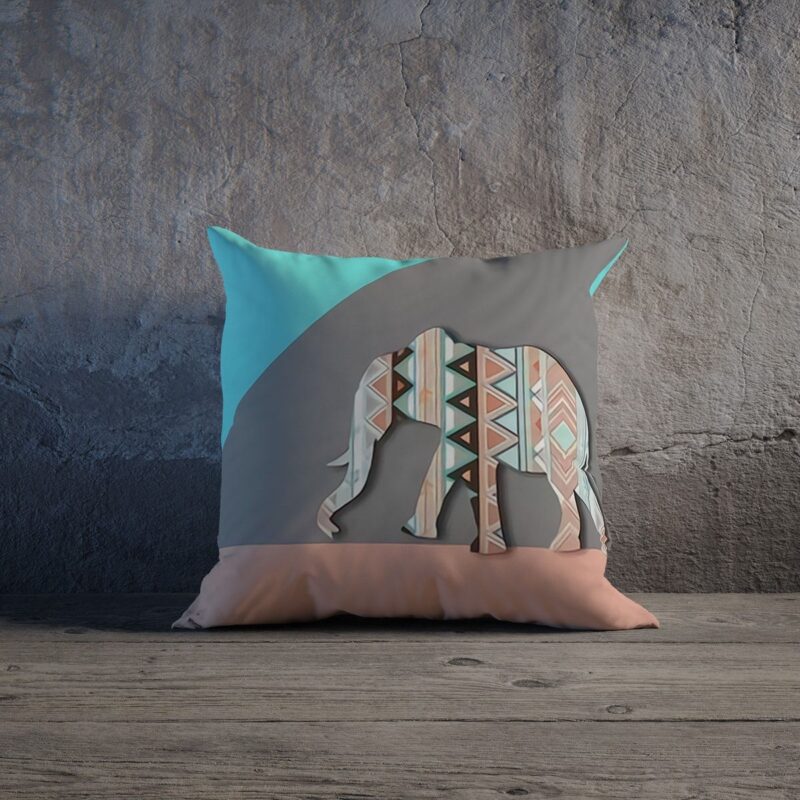 Etnik Fil Desenli Özel Tasarım Çift Taraflı Baskılı Kırlent Kılıfı