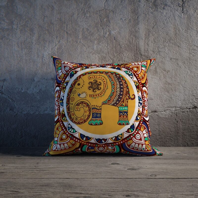 Etnik Fil Desenli Özel Tasarım Çift Taraflı Baskılı Kırlent Kılıfı