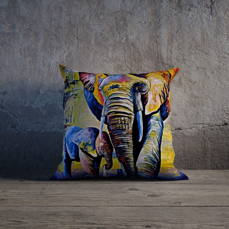 Etnik Fil Desenli Özel Tasarım Çift Taraflı Baskılı Kırlent Kılıfı