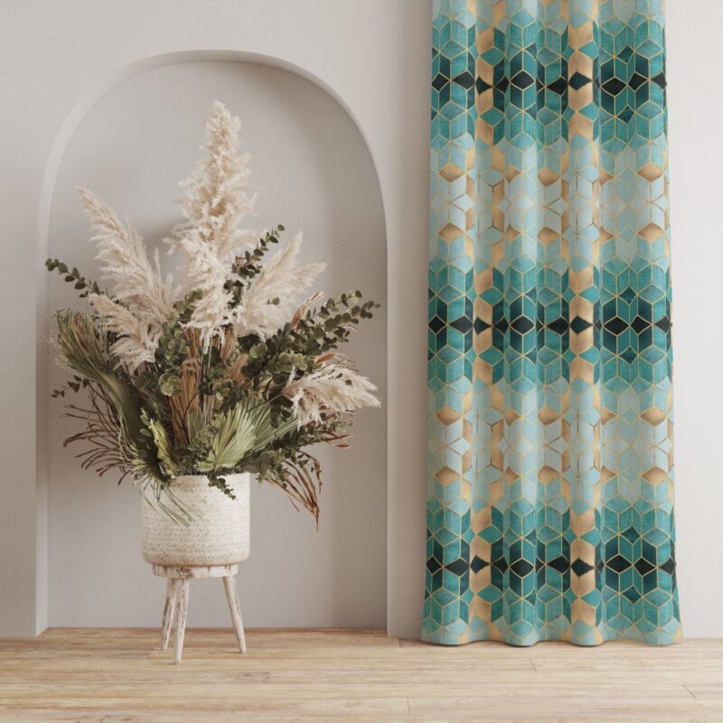 Turkuaz Mozaik Dijital Baskılı Fon Perde