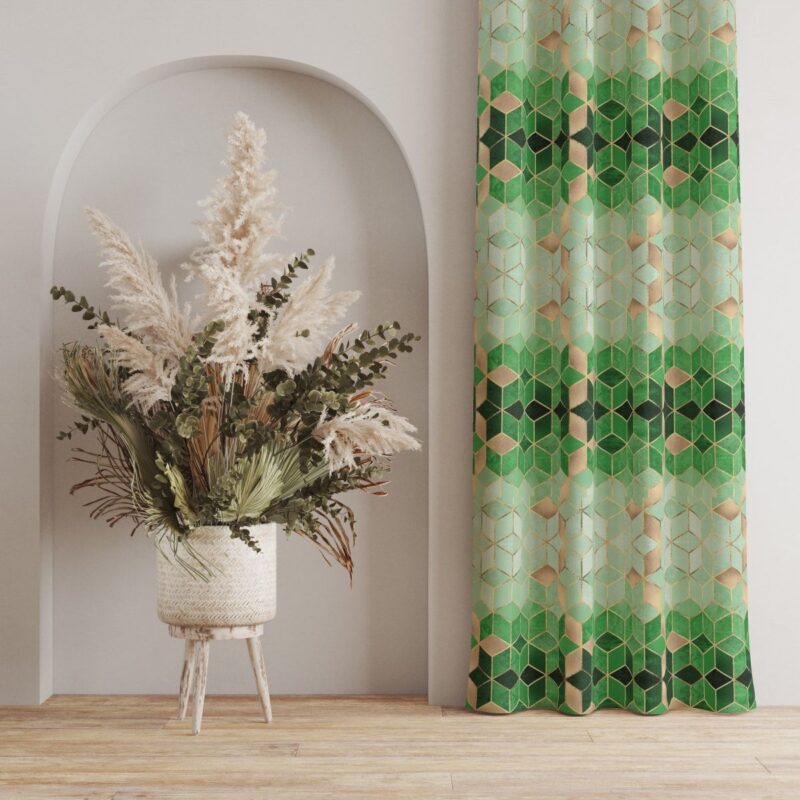 Yeşil Mozaik Desenli Dijital Baskılı Fon Perde Tek Kanat