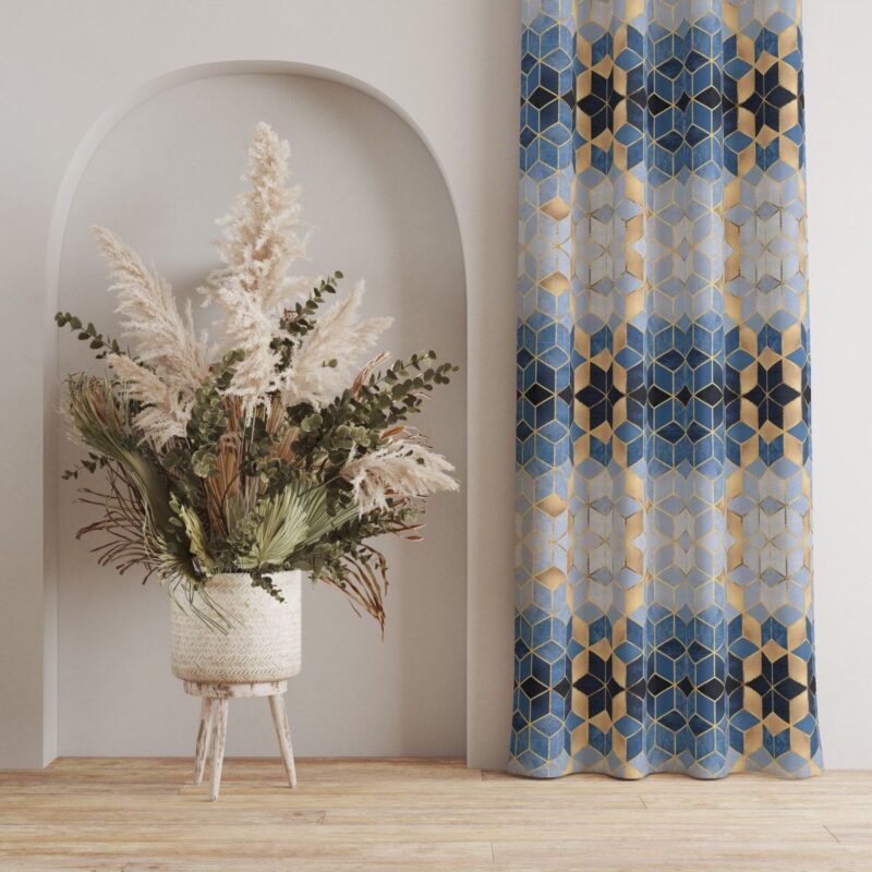 Mavi Mozaik Desenli Dijital Baskılı Fon Perde Tek Kanat