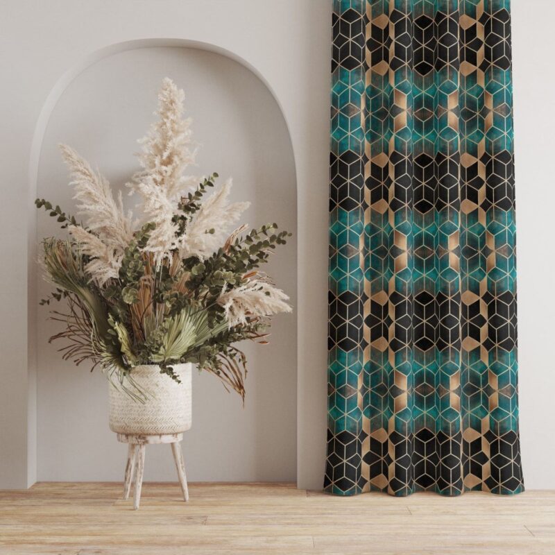 Zümrüt Yeşili Mozaik Desenli Dijital Baskılı Fon Perde Tek Kanat