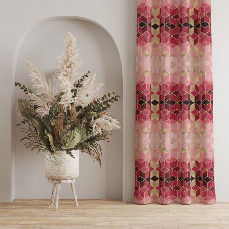 Pembe Mozaik Desenli Dijital Baskılı Fon Perde Tek Kanat
