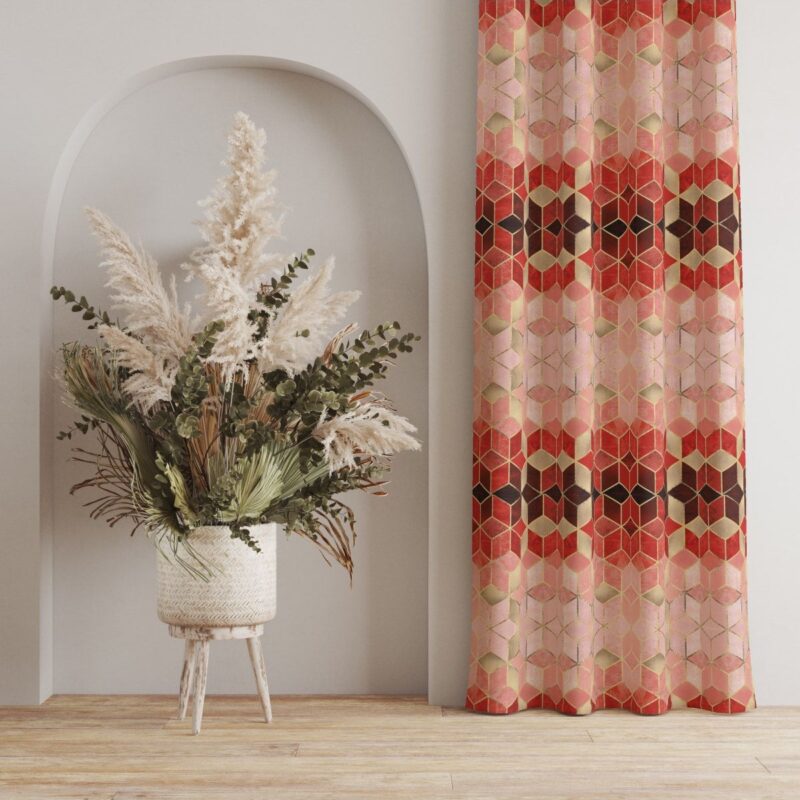 Kırmızı Mozaik Desenli Dijital Baskılı Fon Perde Tek Kanat