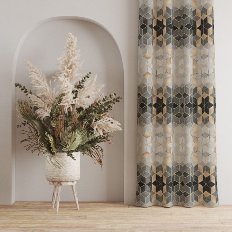 Gri Mozaik Desenli Dijital Baskılı Fon Perde Tek Kanat