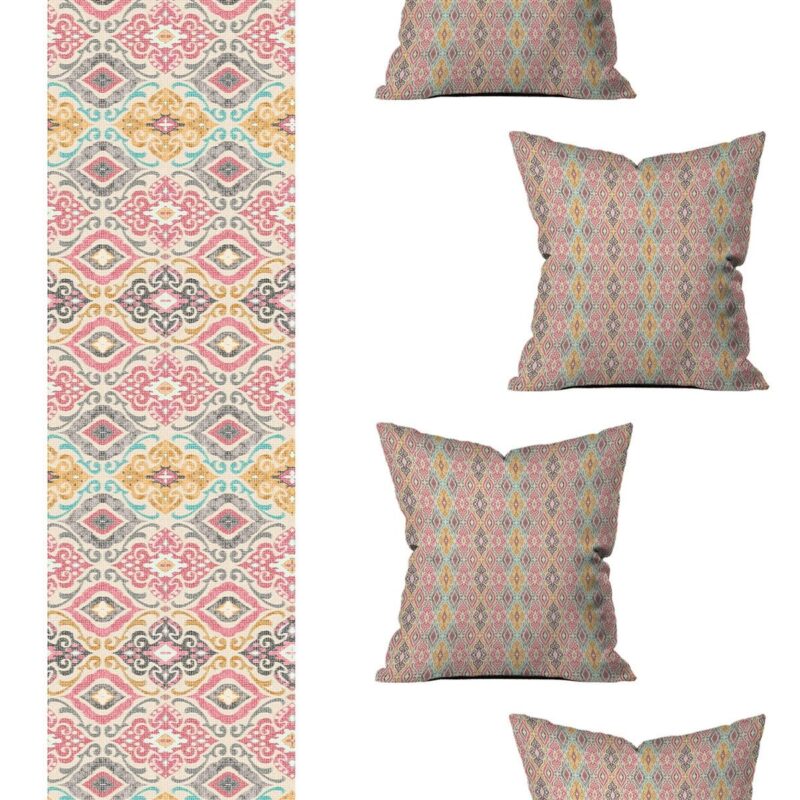 Özel Tasarım Runner Ve 4'lü Kırlent Kılıfı Seti 5 Parça (140x40) (43x43 Cm)