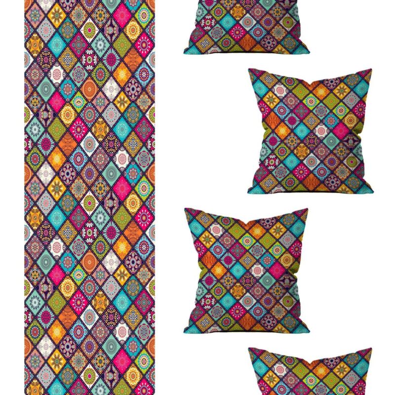 Özel Tasarım Runner Ve 4'lü Kırlent Kılıfı Seti 5 Parça (140x40) (43x43 Cm)
