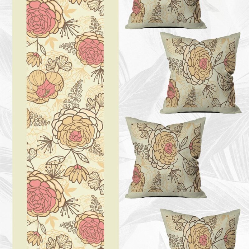 Özel Tasarım Runner Ve 4'lü Kırlent Kılıfı Seti 5 Parça 140x40 43x43 cm