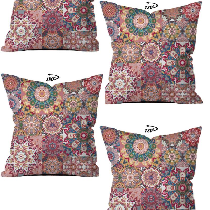 Etnik Mandala Pembe Tasarım Çift Taraflı Dijital Baskılı 4'lü Dekoratif Kırlent Kılıfı