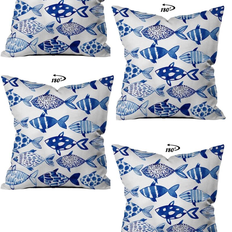 Mavi Balıklar Tasarım Çift Taraflı Dijital Baskılı 4'lü Dekoratif Kırlent Kılıfı
