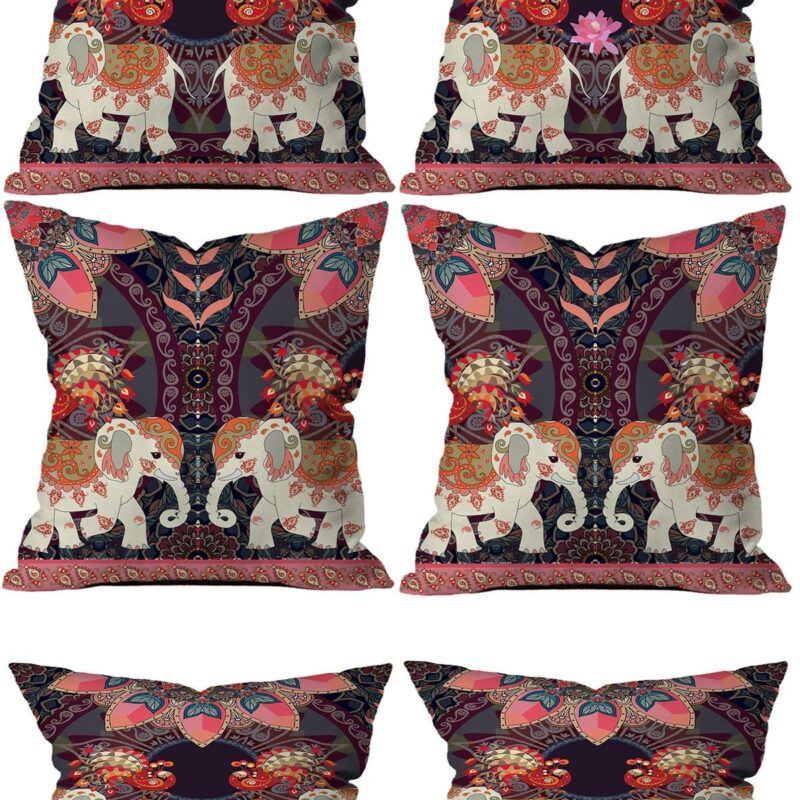 Etnik Fil Motifli 6'lı Kırlent Kılıfı 4 Adet 43x43cm Ve 2 Adet 30x50 Cm Kırlent Kılıfı Seti