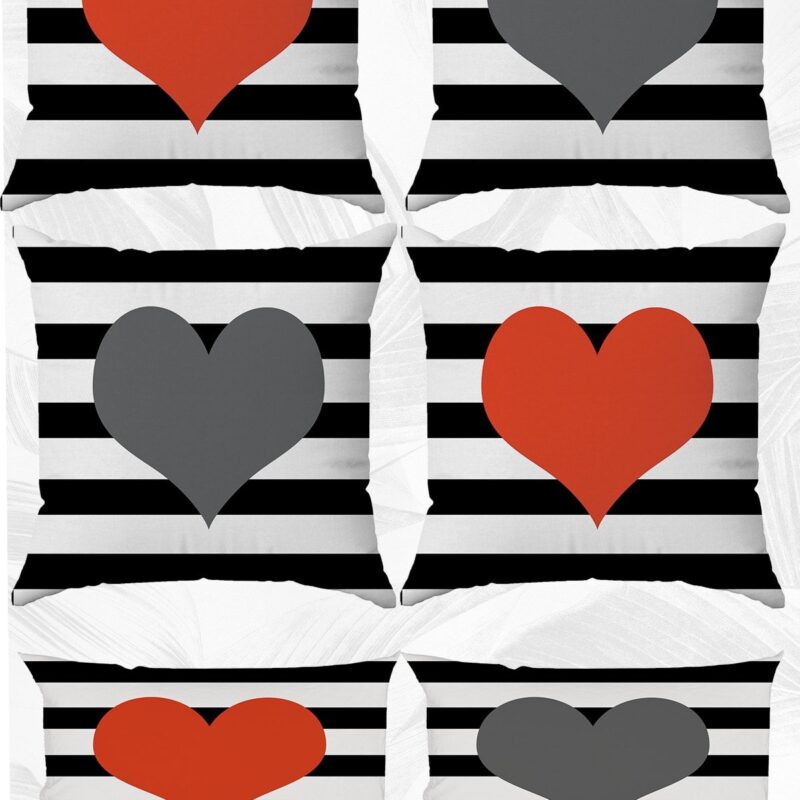 Kalp Ve Siyah Çizgili Çift Tarafı Baskılı 43x43 Ve 30x50 Kırlent Yastık Kılıfı 6'lı Set