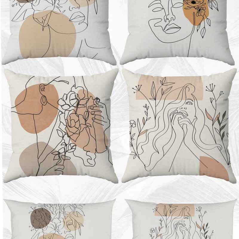 Handdrawing Art Çift Tarafı Baskılı 43x43 Ve 30x50 Kırlent Yastık Kılıfı 6'lı Set