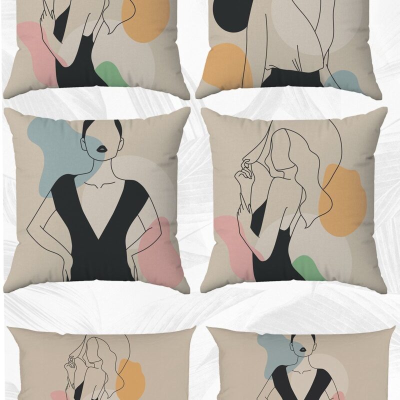 Handdrawing Art Çift Tarafı Baskılı 43x43 Ve 30x50 Kırlent Yastık Kılıfı 6'lı Set