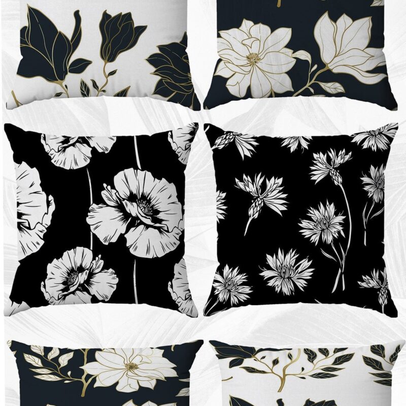 Siyah Beyaz Çiçek Çift Tarafı Baskılı 43x43 Ve 30x50 Kırlent Yastık Kılıfı 6'lı Set