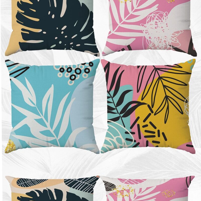 Tropikal Yaprak Temalı Çift Tarafı Baskılı 43x43 Ve 30x50 Kırlent Yastık Kılıfı 6'lı Set