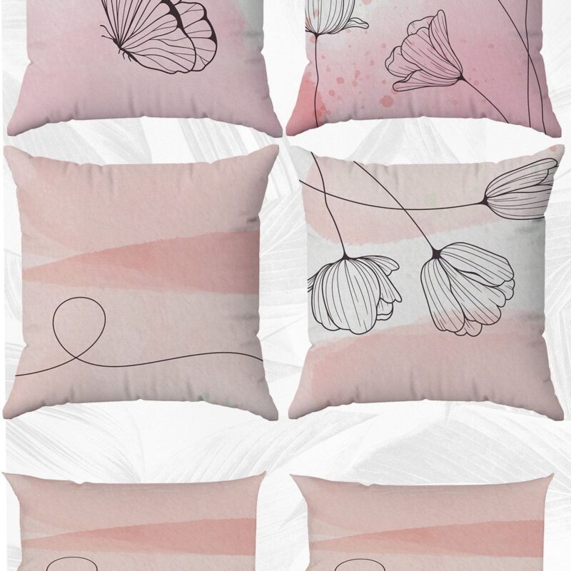 Pembe Pastel Temalı Çift Tarafı Baskılı 43x43 Ve 30x50 Kırlent Yastık Kılıfı 6'lı Set