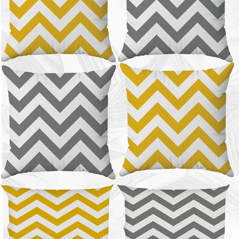 Sarı Ve Gri Zigzag Çift Tarafı Baskılı 43x43 Ve 30x50 Kırlent Yastık Kılıfı 6'lı Set