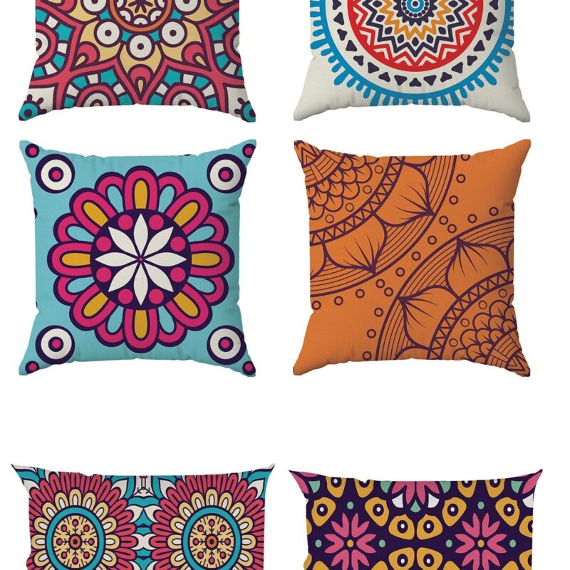 Mandala Temalı Çift Tarafı Baskılı 43x43 Ve 30x50 Kırlent Yastık Kılıfı 6'lı Set