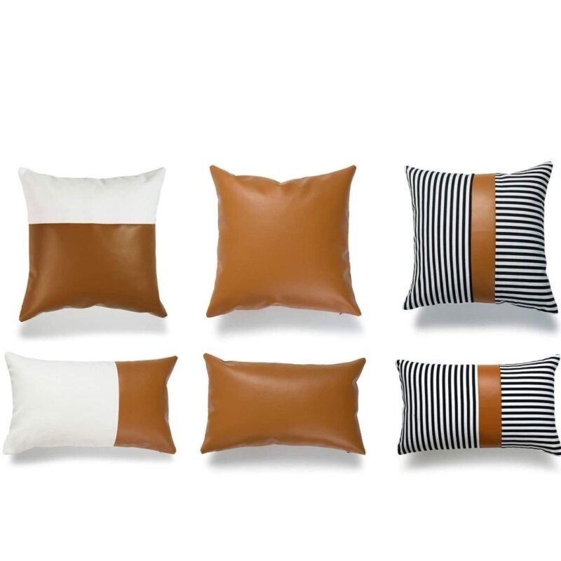 Özel Tasarım Çizgili Taba Deri 43x43 6'lı Premium Kırlent Kılıfı