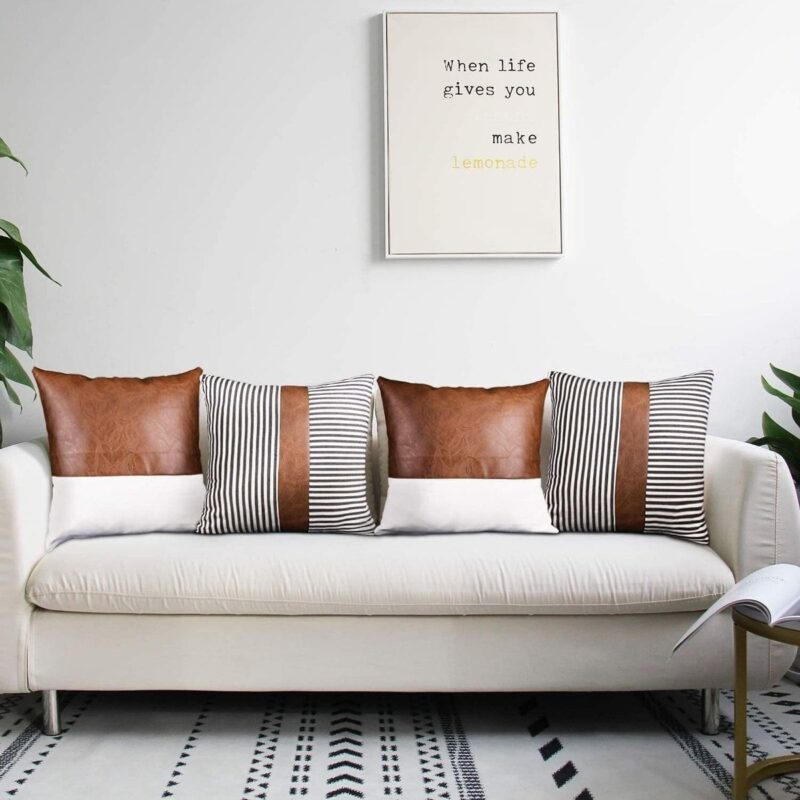 Premium Dekoratif Kırlent Kılıfı Seti Taba Deri Düz Çizgili Modern Tasarım